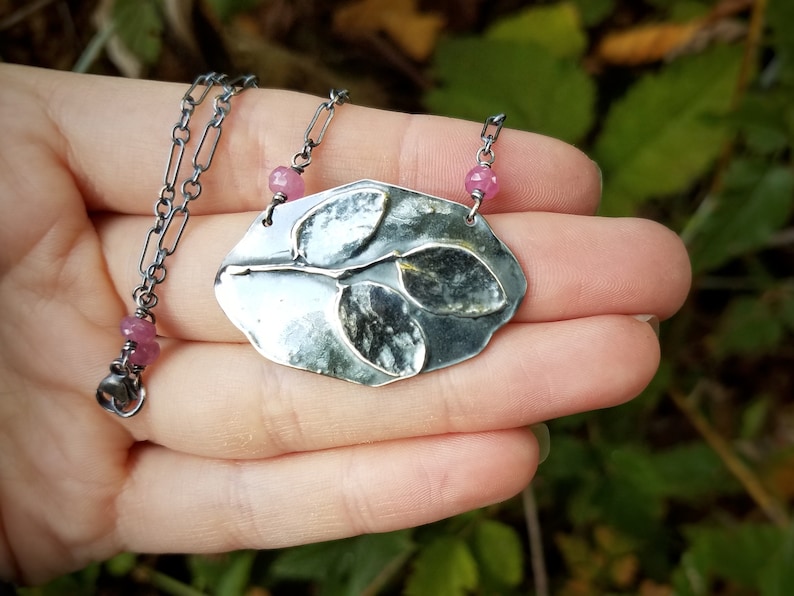 Vaccinium parvifolium Artisan Pure Silver Necklace with Genuine Ruby by Quintessential Arts Huckleberry Leaf