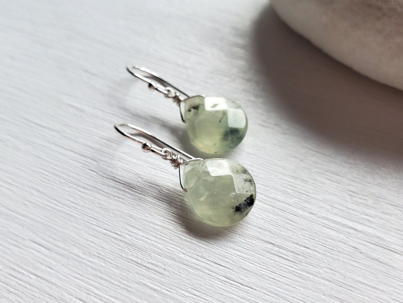 Prehnite Heart Earrings Shiny or Oxidized Silver by Quintessential Arts image 1