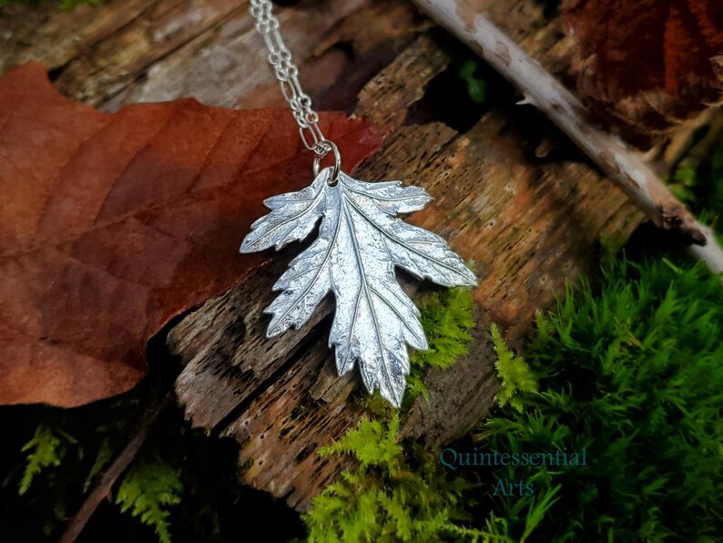 Puede incluir: Un collar de plata con un colgante de hoja detallada. El colgante est&aacute; hecho de metal y tiene una superficie texturizada. El collar est&aacute; fotografiado sobre un trozo de madera con musgo.