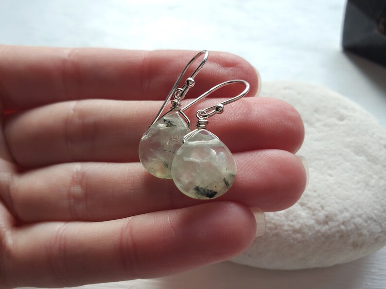 Prehnite Heart Earrings Shiny or Oxidized Silver by Quintessential Arts image 3
