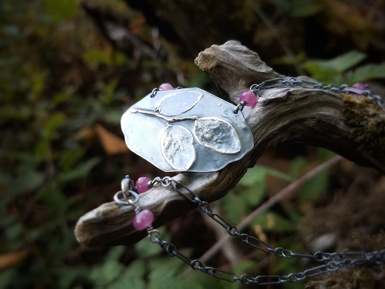 Vaccinium parvifolium Artisan Pure Silver Necklace with Genuine Ruby by Quintessential Arts Huckleberry Leaf