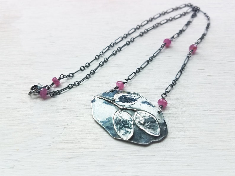 Vaccinium parvifolium Artisan Pure Silver Necklace with Genuine Ruby by Quintessential Arts Huckleberry Leaf