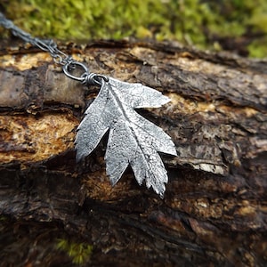 Puede incluir: Un collar con un colgante de hoja de plata con una superficie texturizada. El collar est&aacute; colgado de un trozo de corteza de &aacute;rbol.