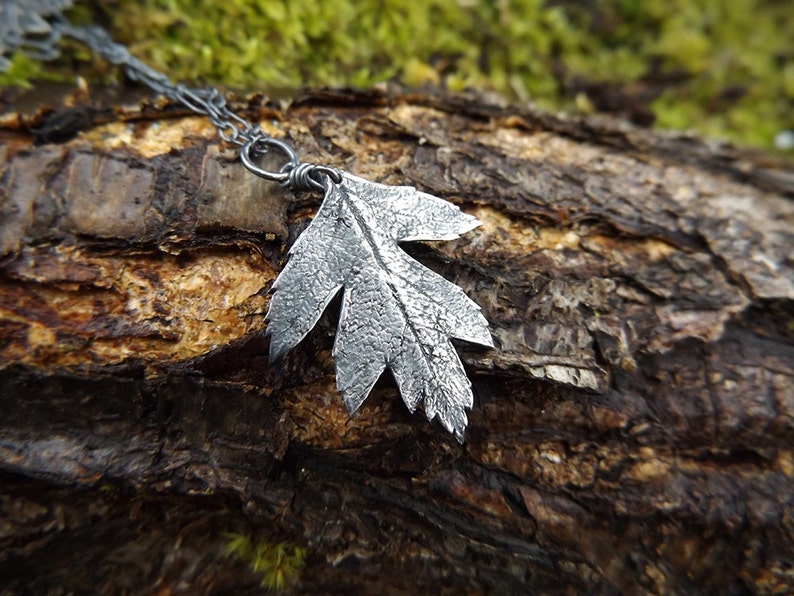 Puede incluir: Un collar con un colgante de hoja de plata con una superficie texturizada. El collar est&aacute; colgado de un trozo de corteza de &aacute;rbol.