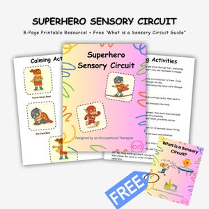 Könnte beinhalten: Eine Sammlung von druckbaren Ressourcen mit dem Titel "Superhero Sensory Circuit". Die Materialien umfassen eine 8-seitige Ressource und einen kostenlosen Leitfaden. Das Cover zeigt Superhelden-Illustrationen und den Text "Superhero Sensory Circuit."