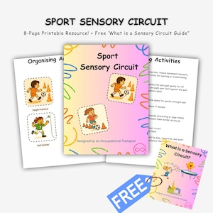 Op de afbeelding: Een verzameling afdrukbare bronnen getiteld "Sport Sensory Circuit" met illustraties van kinderen die sporten. Het hoofddocument is roze en bevat de titel en een kind dat tegen een voetbal trapt. Inclusief een gratis gids.