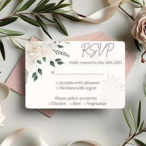 Antwortkarte zum Ausdrucken - Elegantes Hochzeits-RSVP mit Menüauswahl, Blumengarten-Design, Sofort-Download