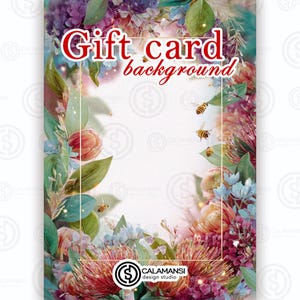 Puede incluir: Un fondo floral para tarjetas de regalo con el texto "Gift card background" en rojo. El diseño presenta un espacio rectangular blanco rodeado de flores coloridas, hojas y abejas. La esquina inferior derecha tiene el logotipo de Calamansi Design Studio.