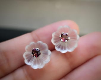 Natural Pink Tourmaline round cut with Crystal Quartz flower in 14k gold, 925 Sterling Silver, October birthstone thread and needle earring