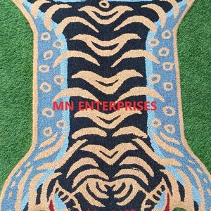 Tibetan Tiger Rug | Tiger Wool Animal Shaped Carpet 3x5ft | Handmade Accent Rug | BOHO Jungle Theme | Vibrant tiger décor for Birthday gift