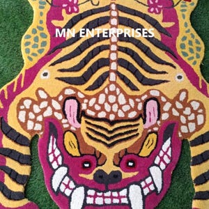 Tibetan Tiger Rug | Tiger Wool Animal Shaped Carpet 3x5ft | Handmade Accent Rug | BOHO Jungle Theme | Vibrant tiger décor for Birthday gift