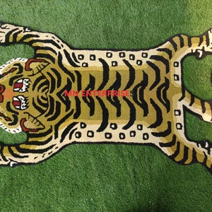 Tibetan Tiger Rug | Tiger Wool Animal Shaped Carpet 3x5ft | Handmade Accent Rug | BOHO Jungle Theme | Vibrant tiger décor for Birthday gift