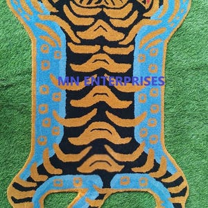 Tibetan Tiger Rug | Tiger Wool Animal Shaped Carpet 3x5ft | Handmade Accent Rug | BOHO Jungle Theme | Vibrant tiger décor for Birthday gift