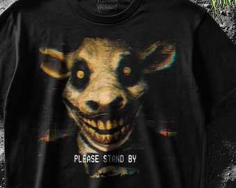 Please Stand By Cow Horror Shirt Creepy Analog Horror VHS Style Shirt, Distorted Glitch Demon Cow Face, Scary Broadcast Error Tee