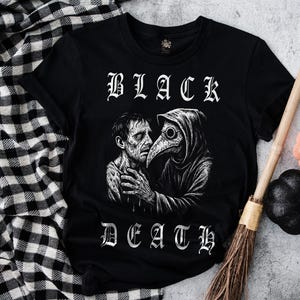 Schwarzer Tod Pest Doktor T-Shirt Gothic Horror Grafik T-Shirt Vintage Style Skelett Zombie Shirt Männer Frauen Unisex Halloween Shirt