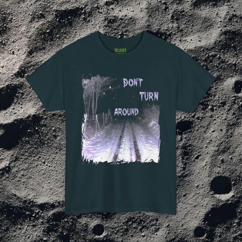 This analog horror-inspired T-shirt features the phrase “DON’T TURN AROUND” printed across a dark, eerie forest road under moonlight. On the other side, a creepy, distorted bunny character stares with a wide unsettling grin. The design blends glitchcore, VHS static, and nightmare-style textures for a perfect horror aesthetic. Printed on soft, high-quality fabric, ideal for horror fans and lovers of dark surreal art.