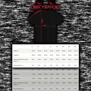 May include: Black t-shirt with the text "OBSCYRAVOID" at the top. The image includes size measurements in centimetres for width, length, and sleeve length, ranging from S to 5XL. The size chart also includes size tolerance.