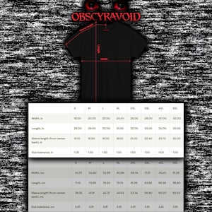 May include: Black t-shirt with the text "OBSCYRAVOID" at the top. The image includes size measurements in inches for width, length, and sleeve length, ranging from S to 5XL. The size chart also includes size tolerance.