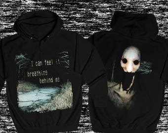 Full Zip Hoodie with Creepy Forest Horror Creature Design Scary Back Print Creepypasta Shirt
