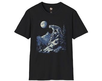 Vintage Snow Leopard T-Shirt Night Mountain Scene, Retro Wildlife Graphic Tee, Snowy Wilderness Animal Shirt, Unisex Nature Aesthetic
