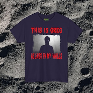 This horror T-shirt features a shadowy, humanoid figure with glowing eyes standing behind a textured, distorted wall pattern. Above it, the phrase “THIS IS GREG” is written in bold, dripping red letters, with “HE LIVES IN MY WALLS” printed below in the same eerie style. The entire design has an analog horror texture, grainy shadows, and unsettling contrast, making it perfect for fans of creepy artwork, scary graphic tees, and surreal dark aesthetics.
