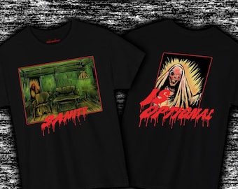 Dark Analog Horror T-Shirt Creepy Living Room & Red Nun Illustration