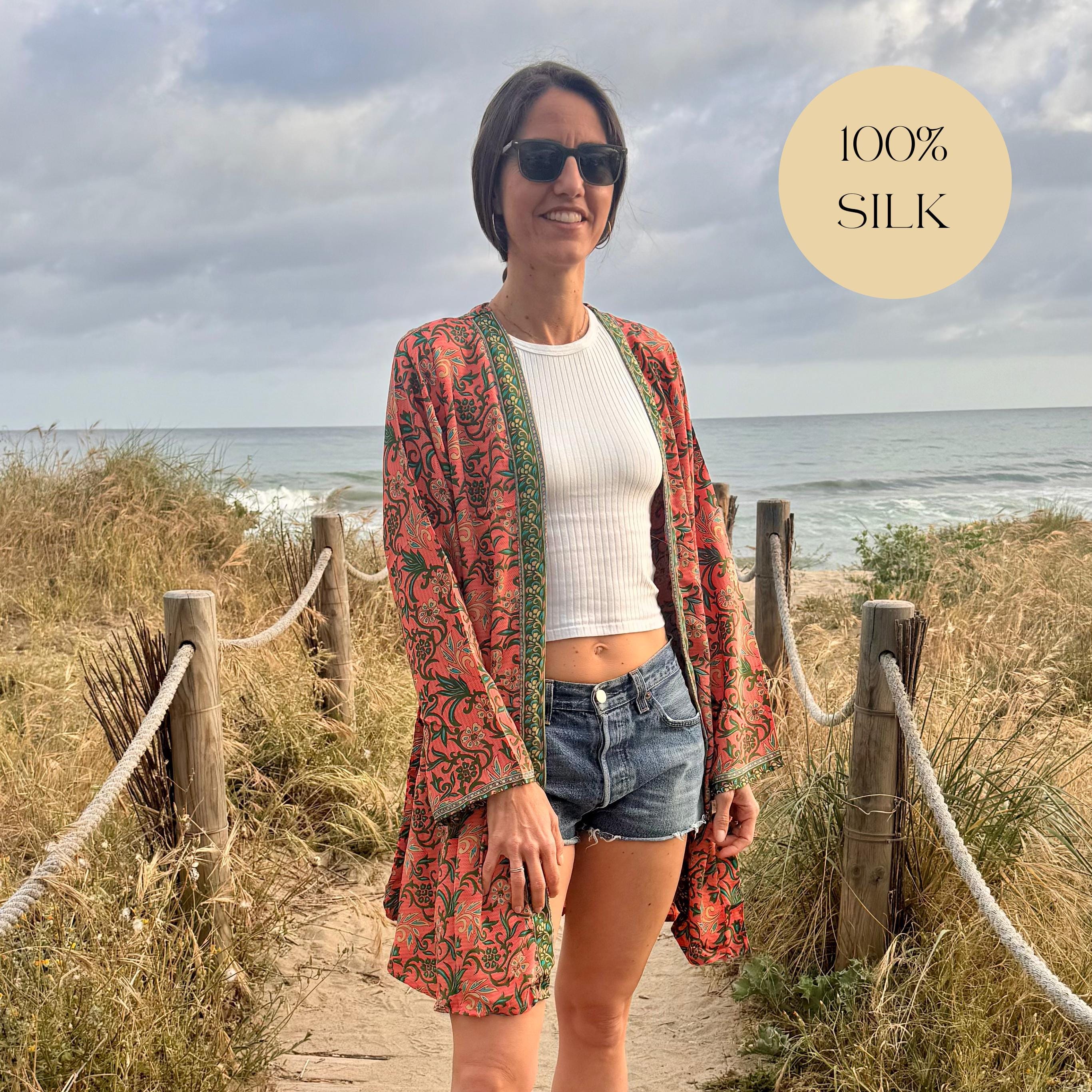 Summer Kimono Robe 100% Silk Lightweight Short Jacket for Gifting Boho Chic Style Wrap for Women Ethnic Outfit