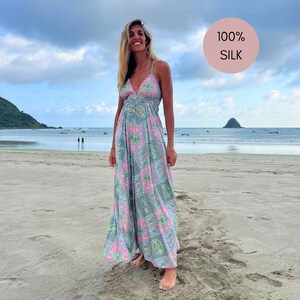 Beach Dress Boho Chic Style for Girlfriend Flowy Backless Maxi Dress Summer Festival Outfit for Wife Low Back Silk Dress