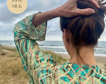Silk Kimono Women Outfit Wrap Jacket Gift Idea for Wife Kimono Robe 100% Silk Bohemian Style Open Kaftan