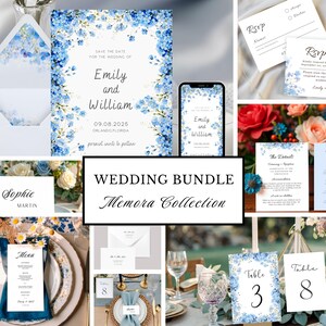 May include: A wedding stationery bundle featuring blue floral watercolor accents. Includes an invitation, RSVP card with QR code, menu, table numbers, and detail cards. The text displays names Emily and William, date 09.08.2025, and Orlando, Florida.
