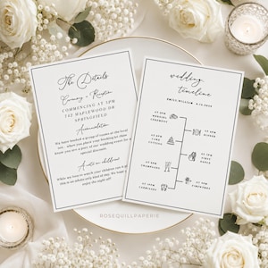 May include: Two white rectangular wedding cards with black text and thin black borders. One card is titled The Details and the other Wedding Timeline for Emily and William on 9.12.2024, featuring a vertical timeline with small icons for events.