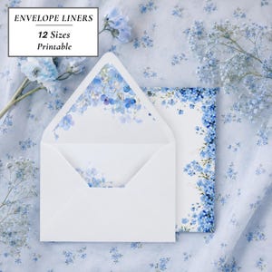 May include: A white envelope with a blue floral pattern liner and a matching stationery card featuring a blue floral border. The text on the image reads ENVELOPE LINERS 12 Sizes Printable. The design features small blue flowers on a white background.