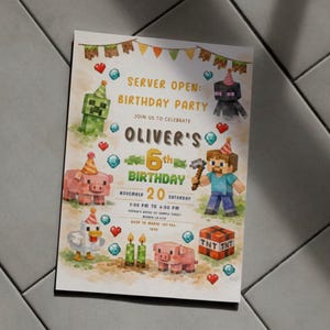 Könnte beinhalten: Eine Geburtstagseinladung mit Minecraft-Motiven. Das Design zeigt pixelige Charaktere, Herzen und Edelsteine. Die Einladung enthält den Text "SERVER OPEN: BIRTHDAY PARTY" und "OLIVER'S 6th BIRTHDAY" sowie Datum und Uhrzeit der Party.