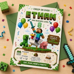 Pode incluir: Um convite de aniversário retangular com gráficos pixelizados e o texto CREEP ON OVER ETHAN HAS REACHED LEVEL 8. O design inclui um personagem montado em uma galinha, um creeper, um porco, balões e detalhes do evento para 20 de novembro.