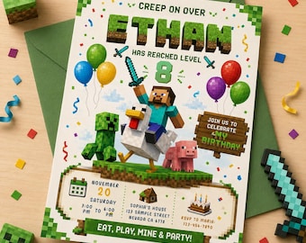 MineCraffterr Boys Birthday,Pixel Block Birthday Party Invitation Template, Gamer Invitation, High Quality Canva TemplateInvite