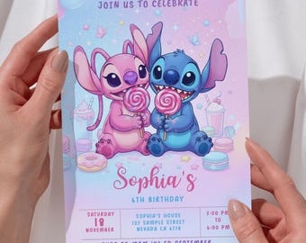 Stitch and Angel Birthday Invitation, Printable Kids Party Invite Digital Download,Cute Stitch Party Invite, Canva Template,Instant Download