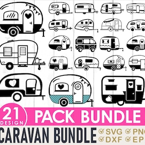 Puede incluir: Un conjunto de 21 diseños de caravanas en blanco y negro, con diversas formas y estilos. Algunos diseños presentan detalles en forma de corazón y elementos decorativos. El texto "21 PACK BUNDLE! CARAVAN BUNDLE" se muestra en rosa y gris oscuro.