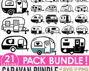 Può includere: Una collezione di 21 design di caravan in bianco e nero, con varie forme e stili. Alcuni design presentano dettagli a forma di cuore ed elementi decorativi. Il testo "21 PACK BUNDLE! CARAVAN BUNDLE" è visualizzato in rosa e grigio scuro.