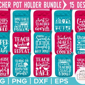 Könnte beinhalten: Ein Bundle mit 15 Topflappen-Designs zum Thema Lehrer in Rot und Türkis. Jeder Topflappen hat eine einzigartige weiße Grafik und Text, darunter Sätze wie "Lehrer verändern die Welt". Die Designs sind für SVG-, PNG-, DXF- und EPS-Dateien.