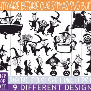 Pode incluir: Um pacote SVG em preto e branco com 9 designs diferentes inspirados em "O Estranho Mundo de Jack". Os designs incluem personagens em várias poses, alguns com chapéus de bruxa e outros com elementos temáticos de Halloween. O texto "NIGHTMARE BEFORE CHRISTMAS SVG BUNDLE" está no topo.