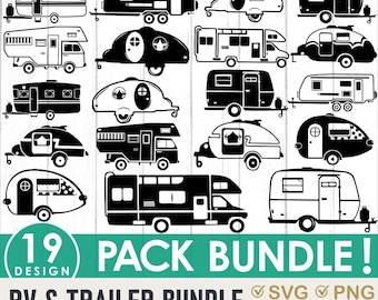 Paquete de archivos SVG para camping, imágenes prediseñadas de caravanas y remolques (descarga digital)