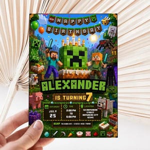 May include: A rectangular Minecraft-themed birthday invitation card featuring characters Steve and Alex, a Creeper cake, and game elements. The text reads: HAPPY BIRTHDAY, ALEXANDER IS TURNING 7, JULY 25, 2:00 PM TO 6:00 PM, 123 ANYWHERE STREET, ANYWHERE CITY 12345, RSVP TO MOM AT: (123) 456-7890.