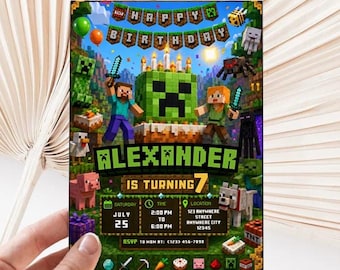 Sjabloon voor een uitnodiging voor een verjaardagsfeest in pixelblokstijl, jongensverjaardag 5x7 inch (digitale download)
