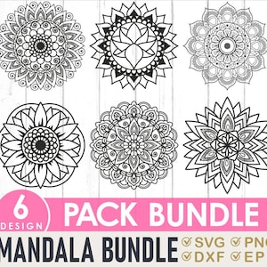 May include: A collection of six black and white mandala designs. The designs are intricate and circular, with various patterns. The image includes the text "6 DESIGN PACK BUNDLE! MANDALA BUNDLE" with file type icons.