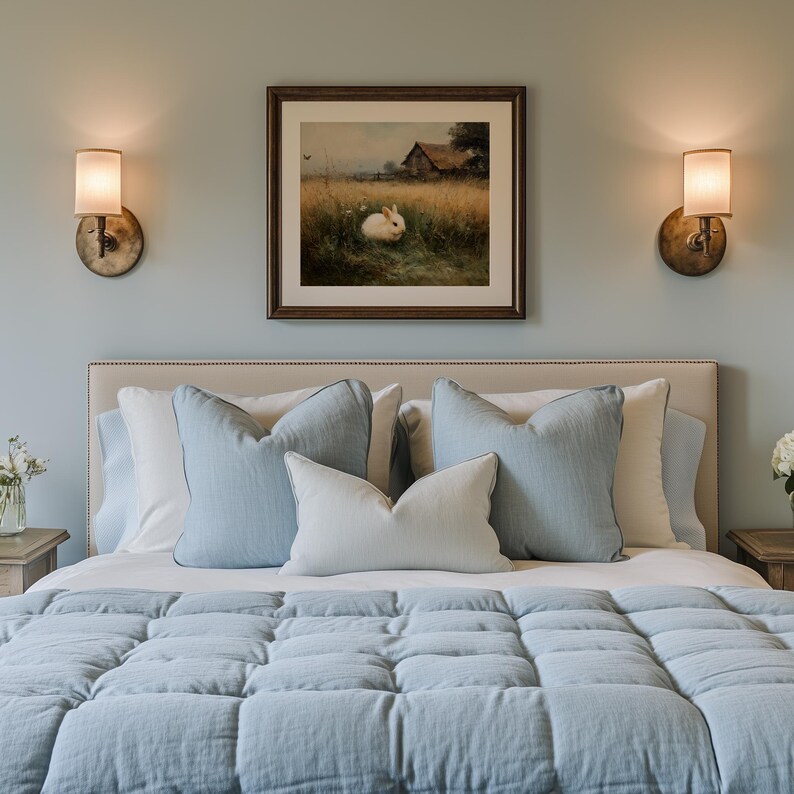 Cottagecore White Rabbit in Meadow, Pastoral Landscape Painting ...