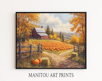 Vintage boerderij met pompoenpatch schilderij - rustieke herfst afdrukbare, boerderij herfst decor, gezellige landelijke landschapskunst aan de muur, digitale print 202