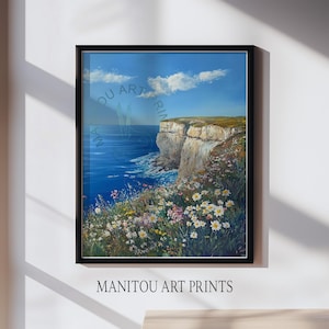 Printable Vintage Coastal Cliff Oil Painting - Serene Ocean View, Rustic Wall Art Decor, Seaside Cottagecore Scene, Digital Artwork 71