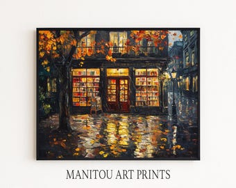 May include: An oil painting depicting a bookstore at night, with warm interior lights shining on the books. The exterior shows a tree with orange leaves, a wet street reflecting the lights, and the text "MANITOU ART PRINTS" at the bottom.