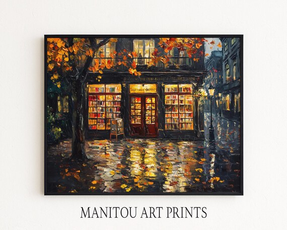 夜景 絵画 ヴィンテージ書店の絵画 - 秋の雨の夜景 居心地の良い書店の