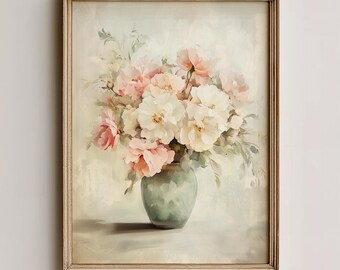 Romantische pastelkleurige bloemenboeketkunst, Cottagecore vintage schilderij, aquarelbloemen (digitale download) 1392